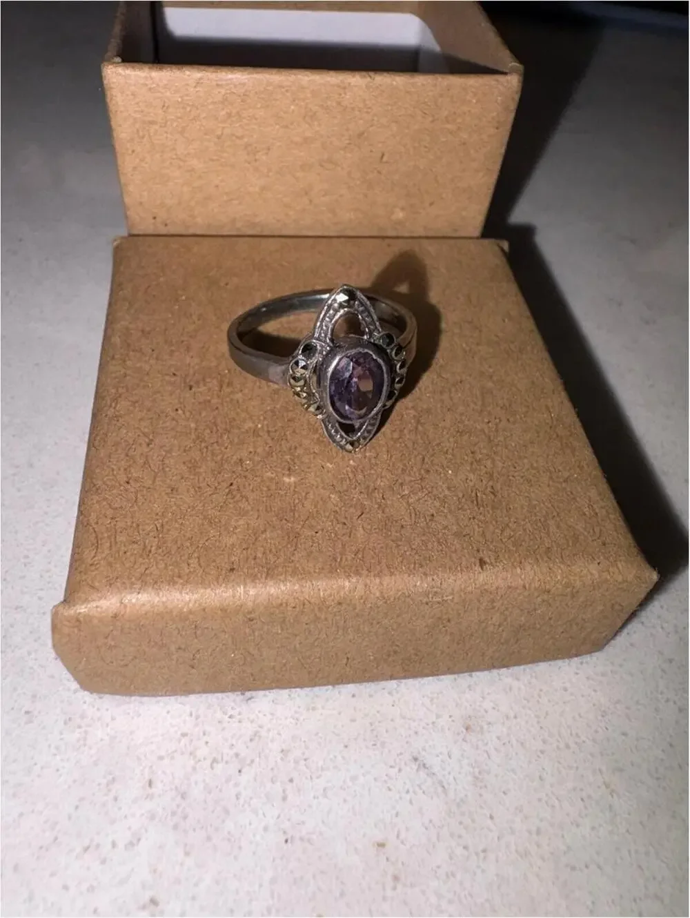 Vintage Sterling Silver Purple Gemstone Marcasite Ring - Size 6.5